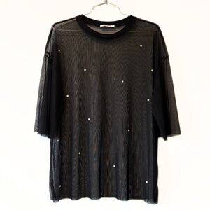 Zara Black Sheer Mesh Top with Pearl-Like Embellishments Size S